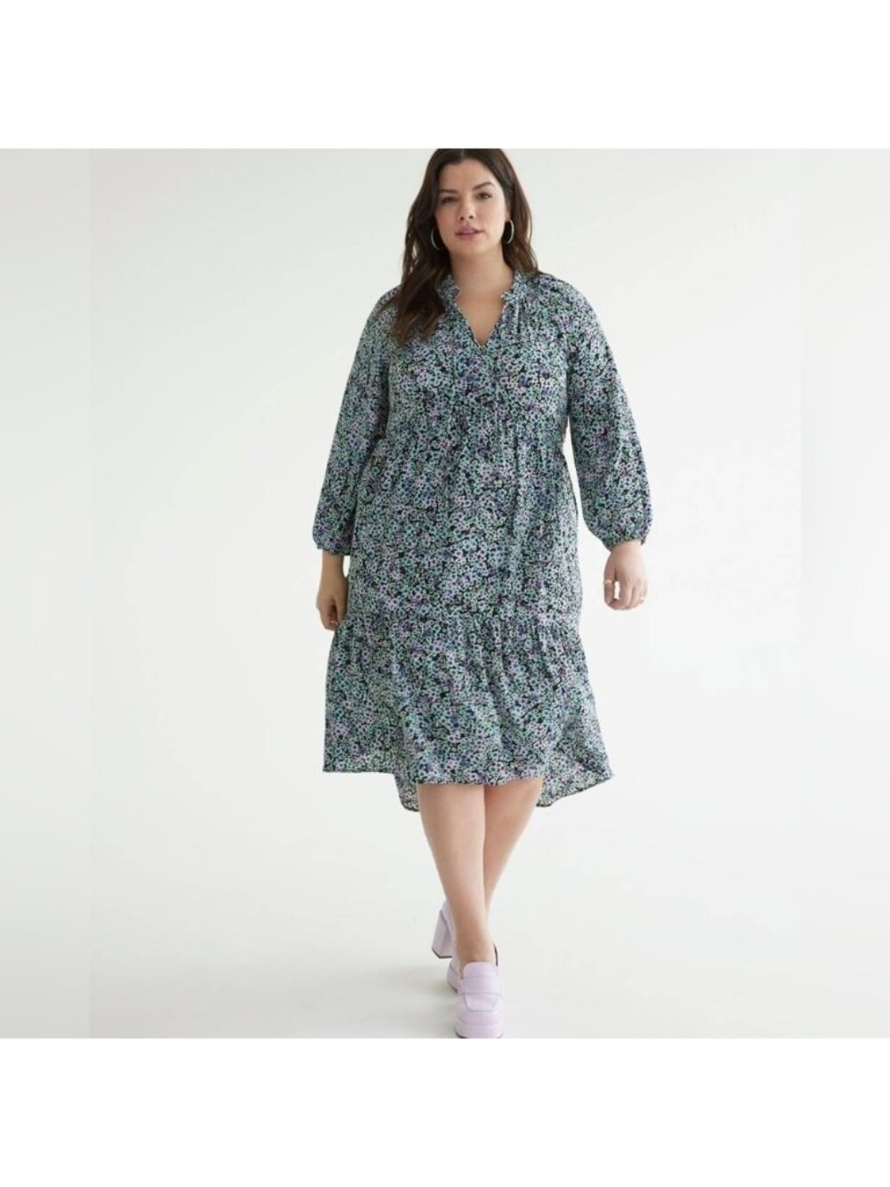 Penningtons Blue Floral Long Sleeve Tiered Peasant Prairie Dress Plus Size 22